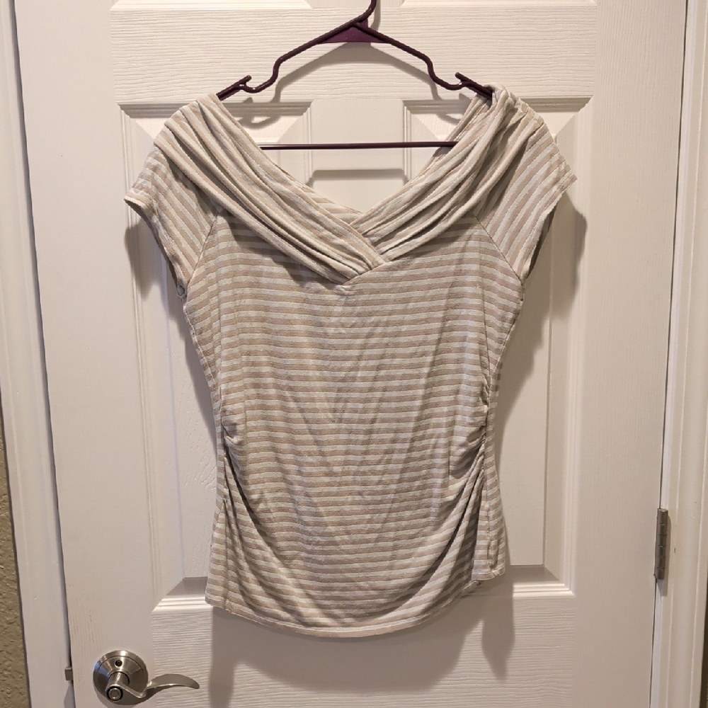 **White House Black Market Beige Striped Cowl Neck Blouse